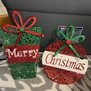 Set of 2 glitter Festive Green and Red Holiday Decorations. Table sitters.